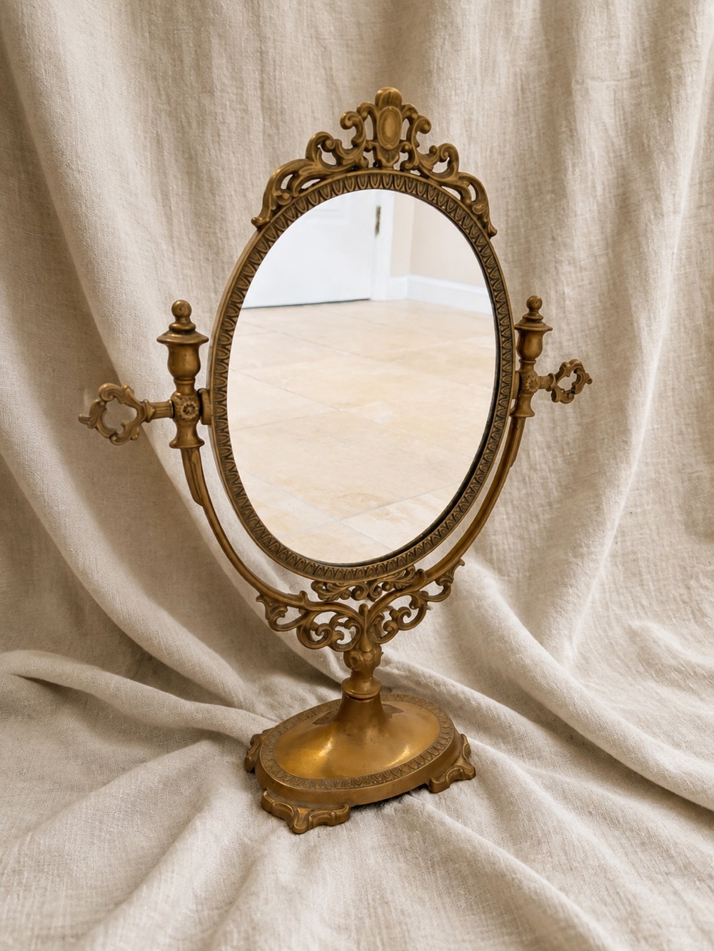 Vintage Ornate Brass Tilting Vanity Mirror | Mid-Century Dressing Table Mirror